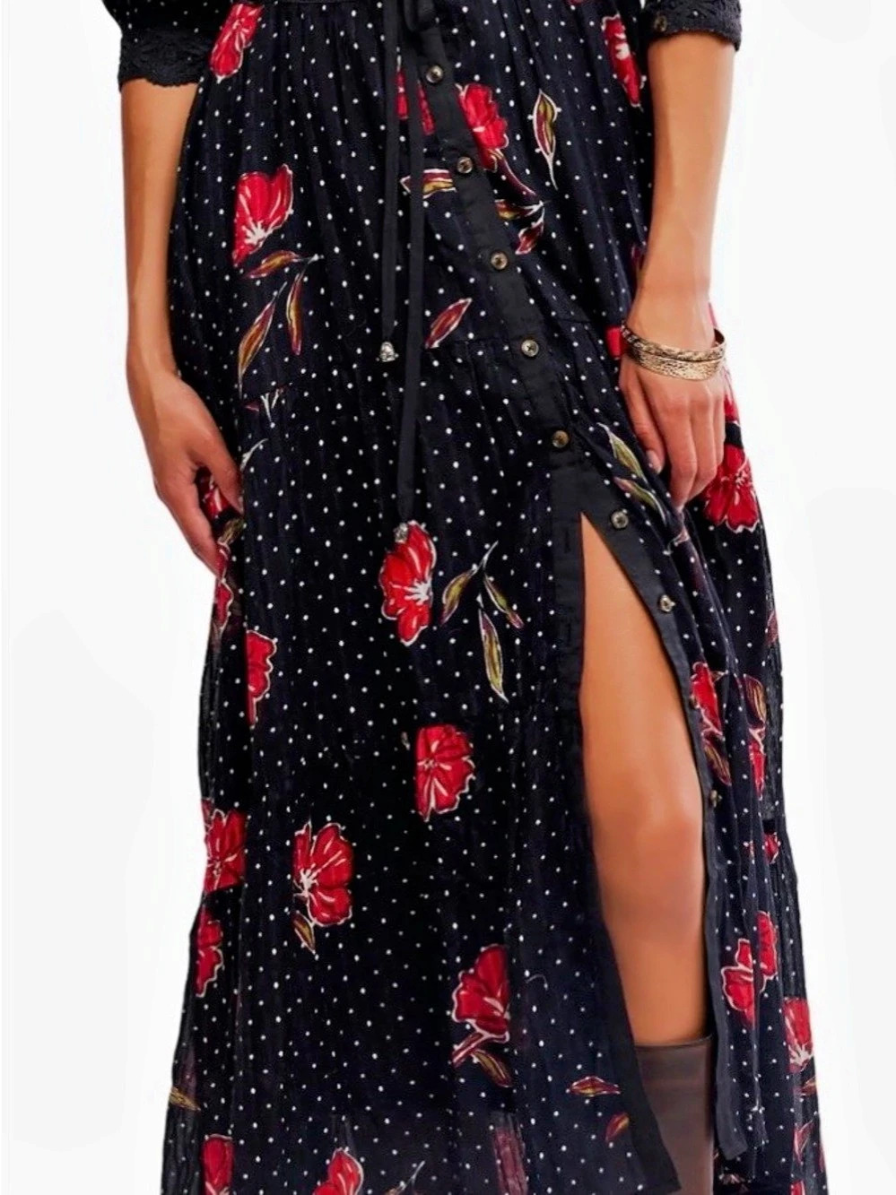 Free People Morning Meadows Lace Trim Floral Maxi Dress Black, Red, White Polkad
